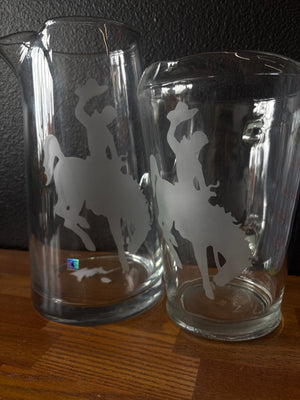 Etched Steamboat Glass Pitcher