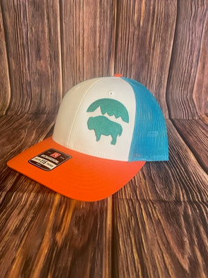 Bison Moon Embroidered Hat/ White, Havana Blue and Orange