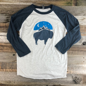 Bison Moon Baseball Tee | WyoMade Apparel | Blue/Blue