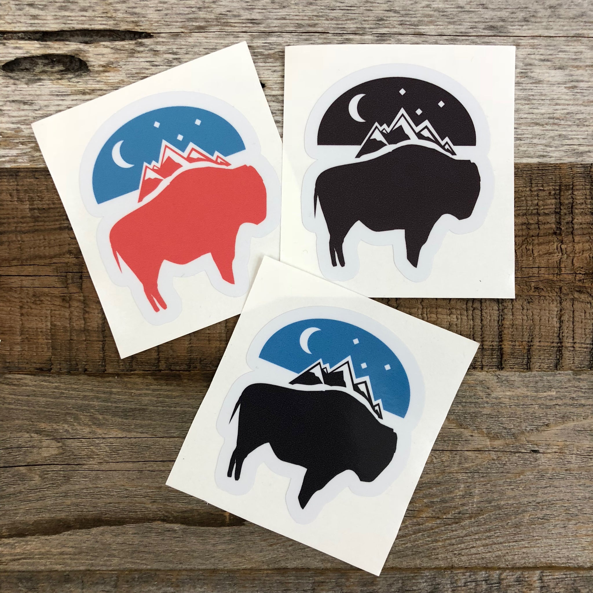 The New Bison Moon is a modern twist on our long time iconic design from WyoMade!   The Bison represents freedom and is a staple of Wyoming's open spaces. This sticker is sure to appease your desire to roam free.  Be a part of the herd with the Bison Moon design from Wyomade.        Size:  3.5 "